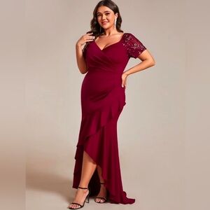 Elegant Burgundy V-Neck Ruffle Evening Dress